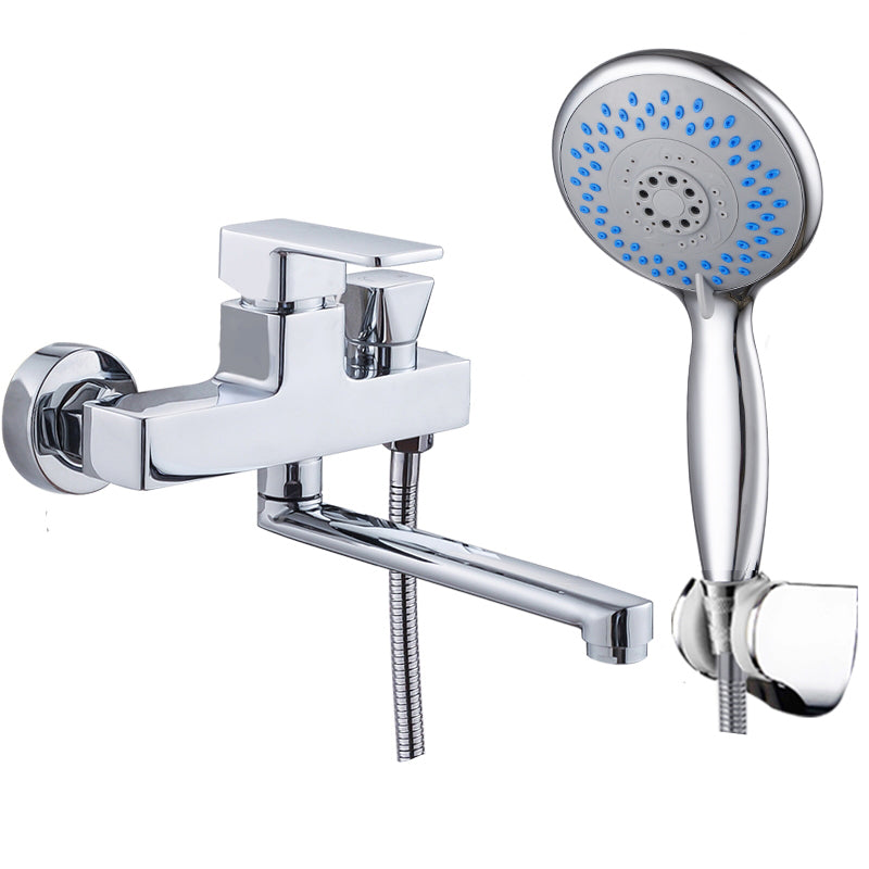 Chrome Polished Bathroom Faucet Wall Mount Swivel Spout with Handheld Shower Five-Mode Handshower Risers Not Included Clearhalo 'Bathroom Remodel & Bathroom Fixtures' 'Bathtub Faucets' 'bathtub_faucets' 'Home Improvement' 'home_improvement' 'home_improvement_bathtub_faucets' 7376086