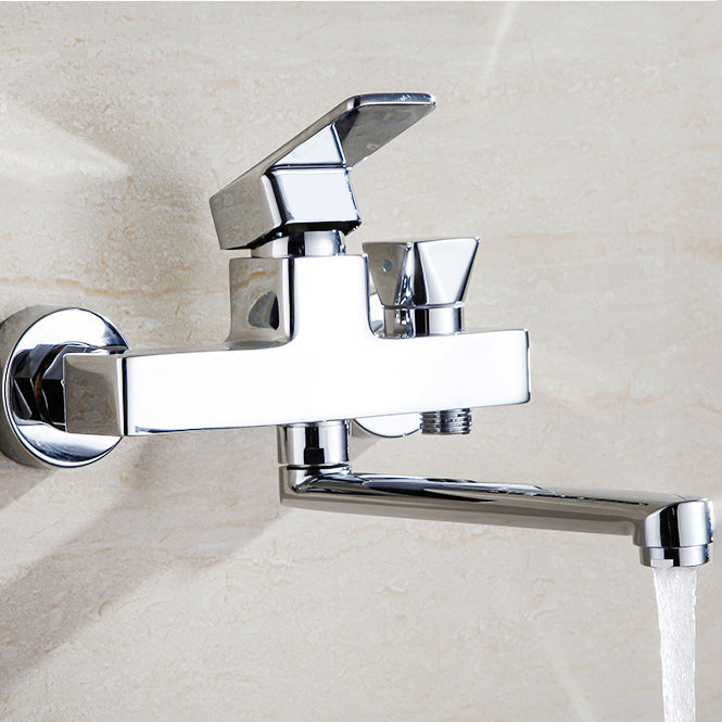 Chrome Polished Bathroom Faucet Wall Mount Swivel Spout with Handheld Shower Clearhalo 'Bathroom Remodel & Bathroom Fixtures' 'Bathtub Faucets' 'bathtub_faucets' 'Home Improvement' 'home_improvement' 'home_improvement_bathtub_faucets' 7376087