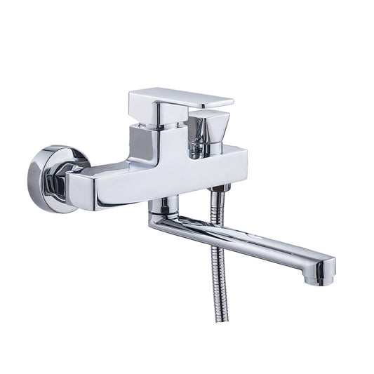 Chrome Polished Bathroom Faucet Wall Mount Swivel Spout with Handheld Shower Clearhalo 'Bathroom Remodel & Bathroom Fixtures' 'Bathtub Faucets' 'bathtub_faucets' 'Home Improvement' 'home_improvement' 'home_improvement_bathtub_faucets' 7376089