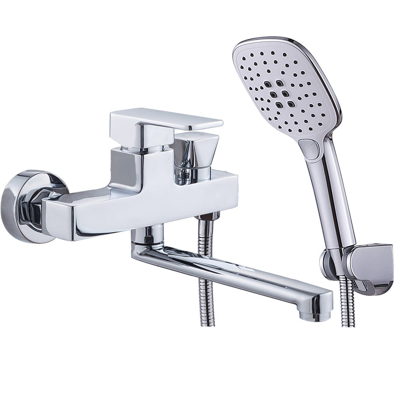 Chrome Polished Bathroom Faucet Wall Mount Swivel Spout with Handheld Shower Button Square Shower Risers Not Included Clearhalo 'Bathroom Remodel & Bathroom Fixtures' 'Bathtub Faucets' 'bathtub_faucets' 'Home Improvement' 'home_improvement' 'home_improvement_bathtub_faucets' 7376090