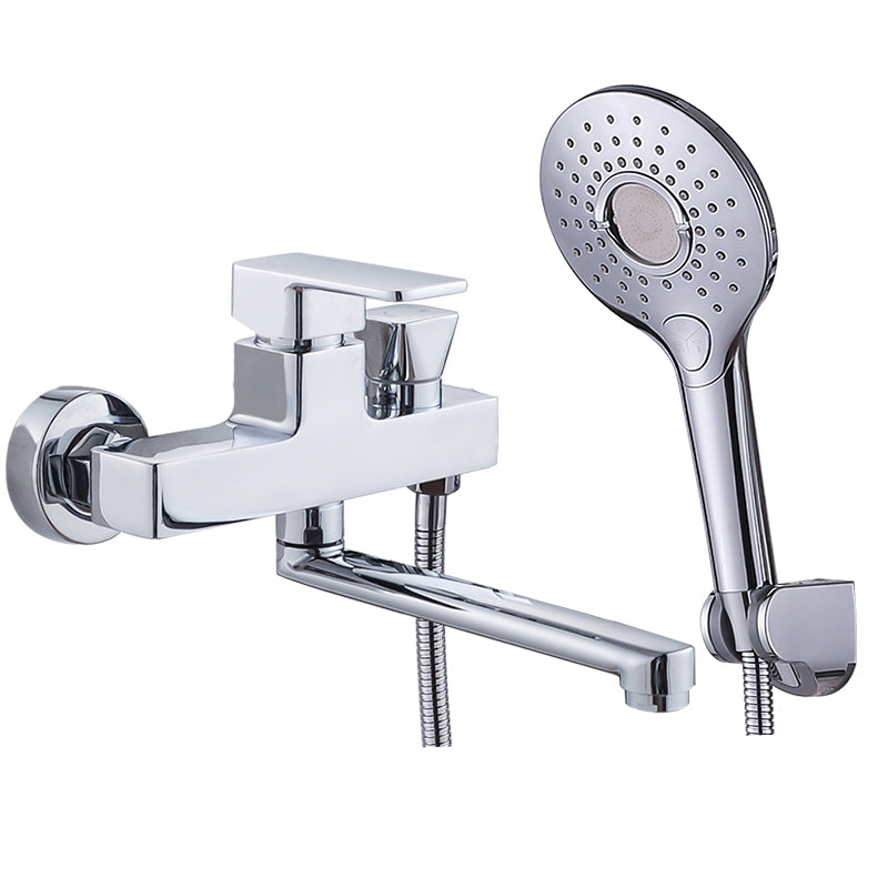 Chrome Polished Bathroom Faucet Wall Mount Swivel Spout with Handheld Shower Button Round Shower Risers Not Included Clearhalo 'Bathroom Remodel & Bathroom Fixtures' 'Bathtub Faucets' 'bathtub_faucets' 'Home Improvement' 'home_improvement' 'home_improvement_bathtub_faucets' 7376092