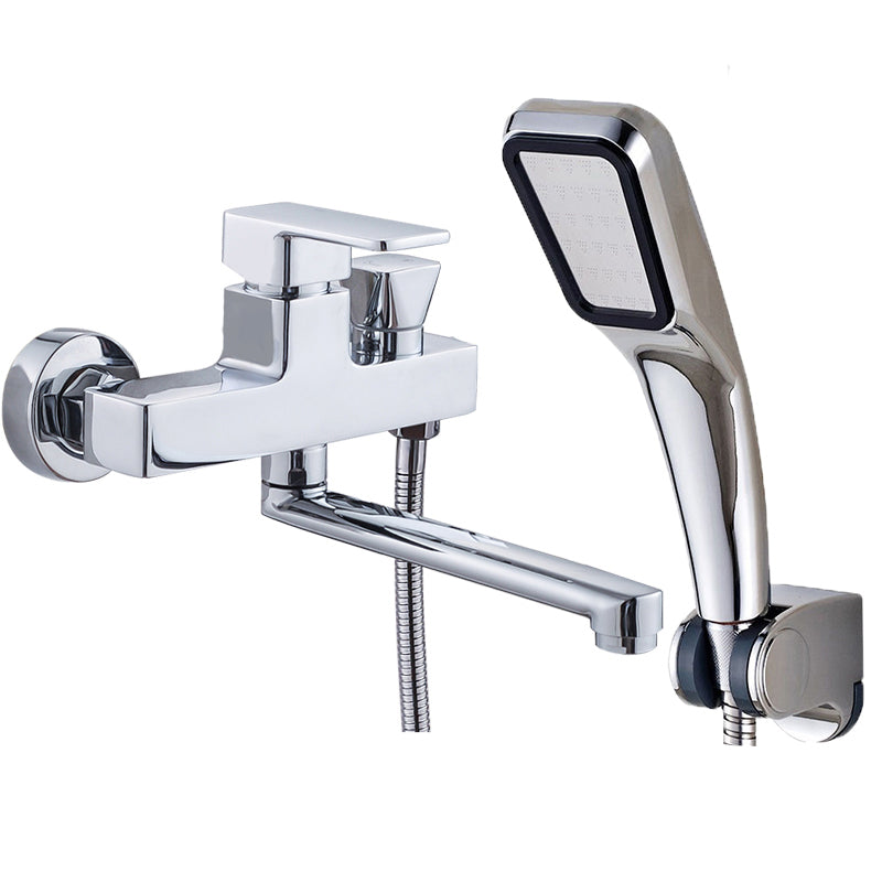 Chrome Polished Bathroom Faucet Wall Mount Swivel Spout with Handheld Shower Square Shower Head Risers Not Included Clearhalo 'Bathroom Remodel & Bathroom Fixtures' 'Bathtub Faucets' 'bathtub_faucets' 'Home Improvement' 'home_improvement' 'home_improvement_bathtub_faucets' 7376094