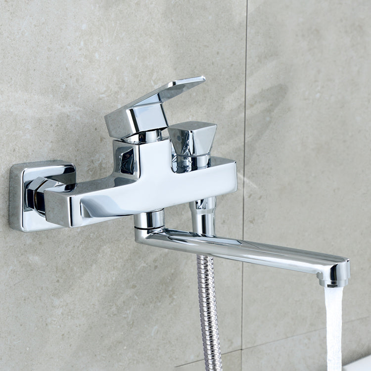 Wall Mounted Bath Faucet Trim Chrome Polished Swivel Spout with Handshower Handheld Shower Not Included Risers Not Included Clearhalo 'Bathroom Remodel & Bathroom Fixtures' 'Bathtub Faucets' 'bathtub_faucets' 'Home Improvement' 'home_improvement' 'home_improvement_bathtub_faucets' 7376106