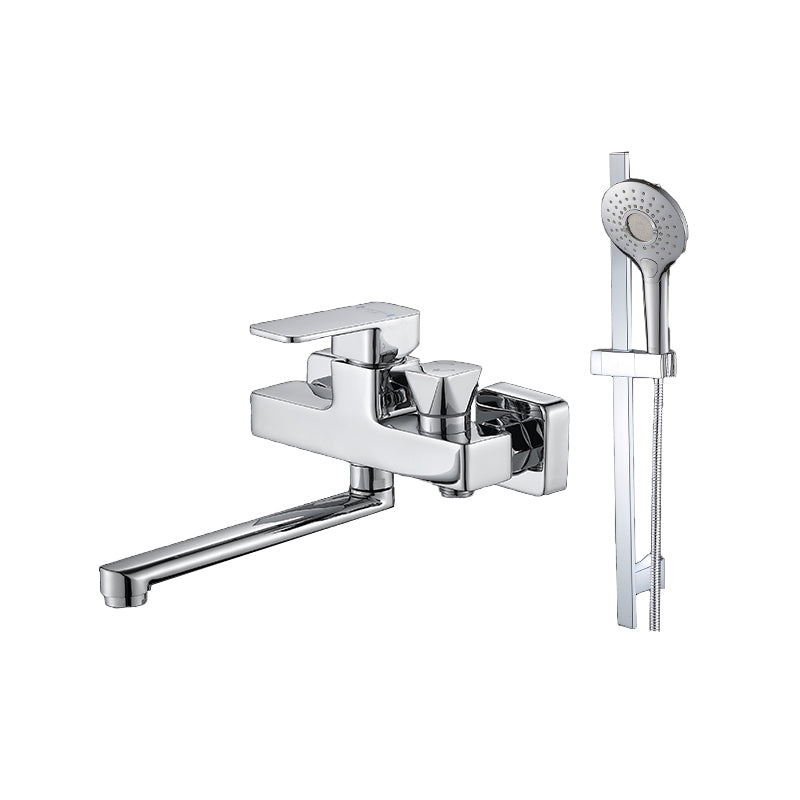 Wall Mounted Bath Faucet Trim Chrome Polished Swivel Spout with Handshower Pressurized Shower Head Risers Included Clearhalo 'Bathroom Remodel & Bathroom Fixtures' 'Bathtub Faucets' 'bathtub_faucets' 'Home Improvement' 'home_improvement' 'home_improvement_bathtub_faucets' 7376107