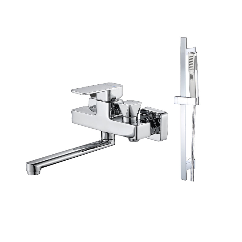 Wall Mounted Bath Faucet Trim Chrome Polished Swivel Spout with Handshower Spray Gun Shower Risers Included Clearhalo 'Bathroom Remodel & Bathroom Fixtures' 'Bathtub Faucets' 'bathtub_faucets' 'Home Improvement' 'home_improvement' 'home_improvement_bathtub_faucets' 7376108