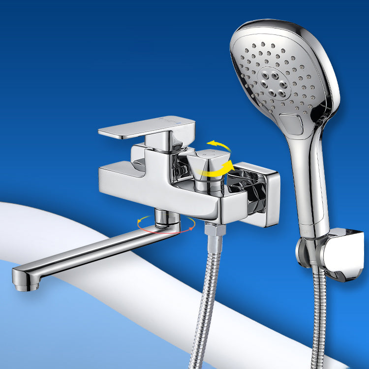 Wall Mounted Bath Faucet Trim Chrome Polished Swivel Spout with Handshower Clearhalo 'Bathroom Remodel & Bathroom Fixtures' 'Bathtub Faucets' 'bathtub_faucets' 'Home Improvement' 'home_improvement' 'home_improvement_bathtub_faucets' 7376109