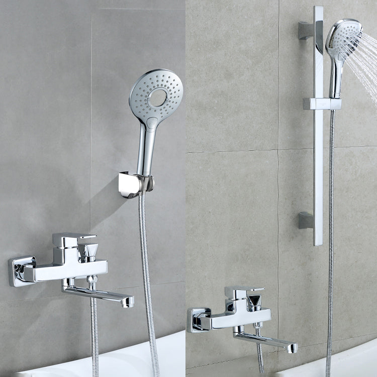 Wall Mounted Bath Faucet Trim Chrome Polished Swivel Spout with Handshower Clearhalo 'Bathroom Remodel & Bathroom Fixtures' 'Bathtub Faucets' 'bathtub_faucets' 'Home Improvement' 'home_improvement' 'home_improvement_bathtub_faucets' 7376110