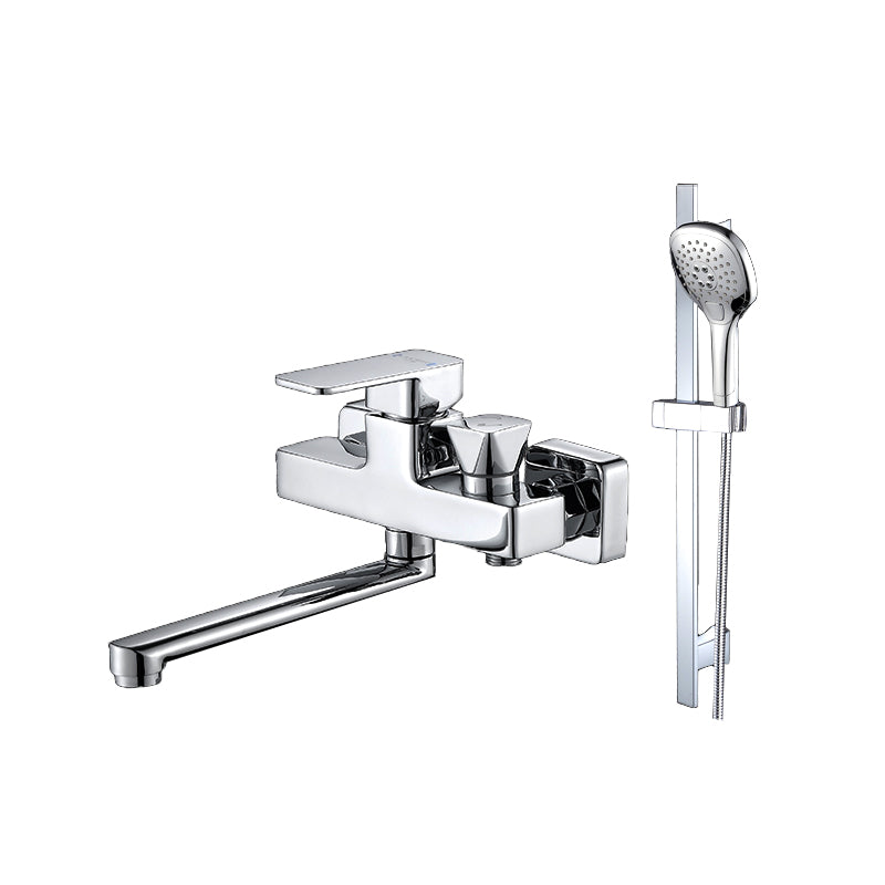Wall Mounted Bath Faucet Trim Chrome Polished Swivel Spout with Handshower Tri-Mode Handshower Risers Included Clearhalo 'Bathroom Remodel & Bathroom Fixtures' 'Bathtub Faucets' 'bathtub_faucets' 'Home Improvement' 'home_improvement' 'home_improvement_bathtub_faucets' 7376111