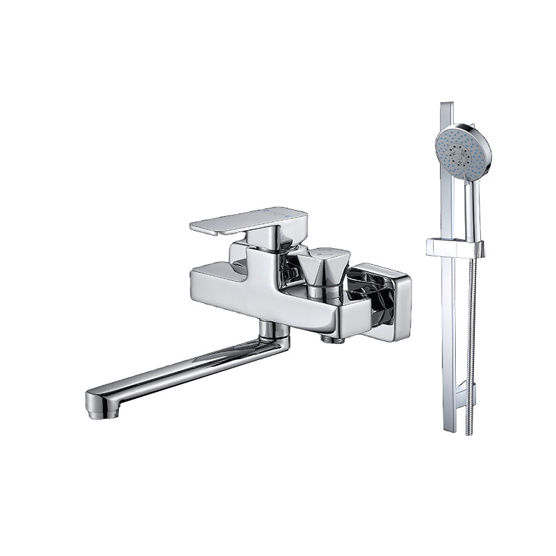 Wall Mounted Bath Faucet Trim Chrome Polished Swivel Spout with Handshower Four Speed Shower Risers Included Clearhalo 'Bathroom Remodel & Bathroom Fixtures' 'Bathtub Faucets' 'bathtub_faucets' 'Home Improvement' 'home_improvement' 'home_improvement_bathtub_faucets' 7376112