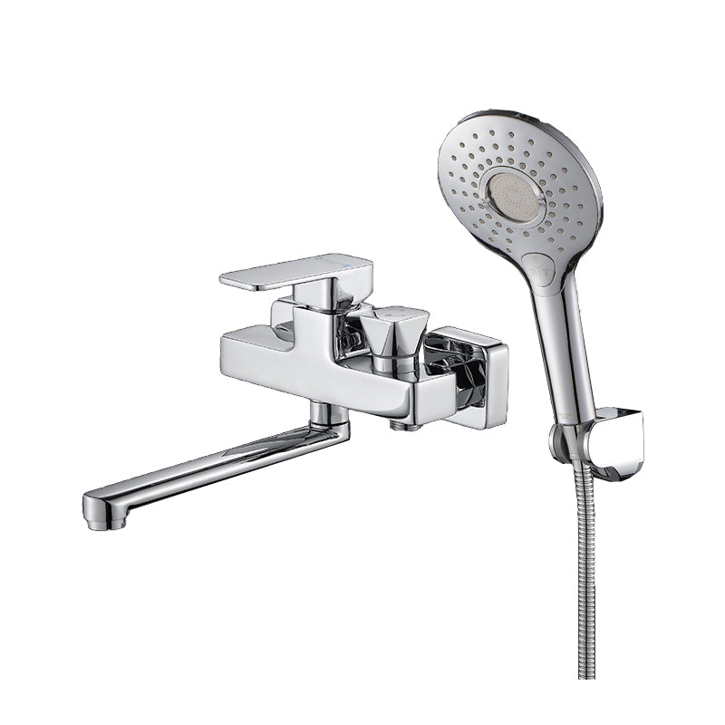 Wall Mounted Bath Faucet Trim Chrome Polished Swivel Spout with Handshower Pressurized Shower Head Risers Not Included Clearhalo 'Bathroom Remodel & Bathroom Fixtures' 'Bathtub Faucets' 'bathtub_faucets' 'Home Improvement' 'home_improvement' 'home_improvement_bathtub_faucets' 7376114