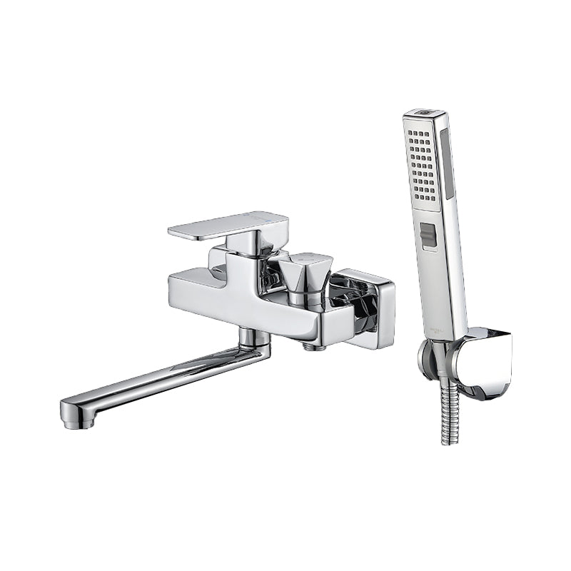 Wall Mounted Bath Faucet Trim Chrome Polished Swivel Spout with Handshower Spray Gun Shower Risers Not Included Clearhalo 'Bathroom Remodel & Bathroom Fixtures' 'Bathtub Faucets' 'bathtub_faucets' 'Home Improvement' 'home_improvement' 'home_improvement_bathtub_faucets' 7376116