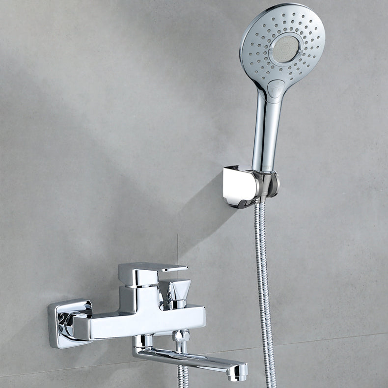 Wall Mounted Bath Faucet Trim Chrome Polished Swivel Spout with Handshower Clearhalo 'Bathroom Remodel & Bathroom Fixtures' 'Bathtub Faucets' 'bathtub_faucets' 'Home Improvement' 'home_improvement' 'home_improvement_bathtub_faucets' 7376117