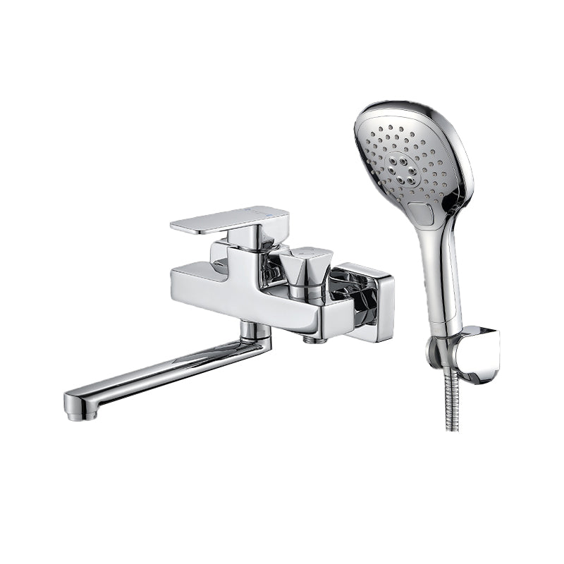 Wall Mounted Bath Faucet Trim Chrome Polished Swivel Spout with Handshower Tri-Mode Handshower Risers Not Included Clearhalo 'Bathroom Remodel & Bathroom Fixtures' 'Bathtub Faucets' 'bathtub_faucets' 'Home Improvement' 'home_improvement' 'home_improvement_bathtub_faucets' 7376118