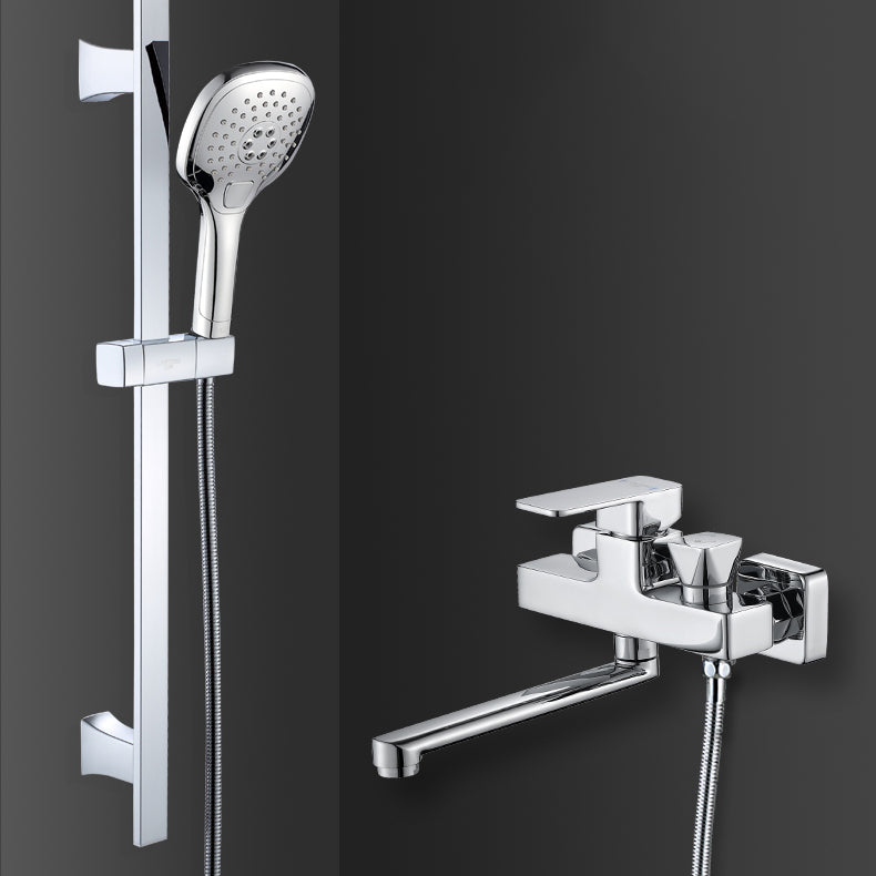 Wall Mounted Bath Faucet Trim Chrome Polished Swivel Spout with Handshower Clearhalo 'Bathroom Remodel & Bathroom Fixtures' 'Bathtub Faucets' 'bathtub_faucets' 'Home Improvement' 'home_improvement' 'home_improvement_bathtub_faucets' 7376119