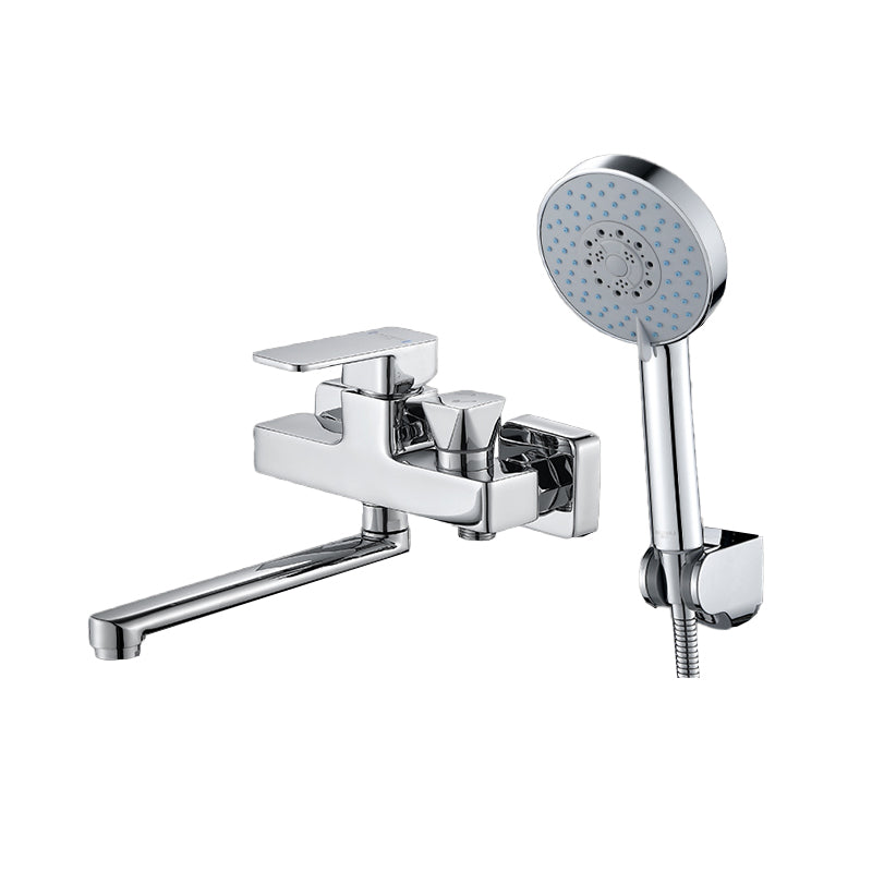 Wall Mounted Bath Faucet Trim Chrome Polished Swivel Spout with Handshower Four Speed Shower Risers Not Included Clearhalo 'Bathroom Remodel & Bathroom Fixtures' 'Bathtub Faucets' 'bathtub_faucets' 'Home Improvement' 'home_improvement' 'home_improvement_bathtub_faucets' 7376121