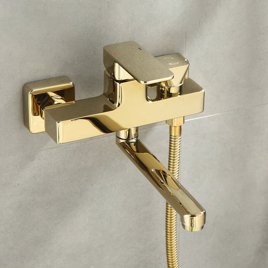 Wall Mounted Gold Bathtub Faucet Swivel Spout Lever Handle with Hand Shower Clearhalo 'Bathroom Remodel & Bathroom Fixtures' 'Bathtub Faucets' 'bathtub_faucets' 'Home Improvement' 'home_improvement' 'home_improvement_bathtub_faucets' 7376133