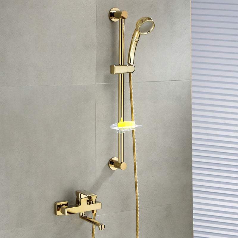 Wall Mounted Gold Bathtub Faucet Swivel Spout Lever Handle with Hand Shower Pressurized Shower Head Risers Included Clearhalo 'Bathroom Remodel & Bathroom Fixtures' 'Bathtub Faucets' 'bathtub_faucets' 'Home Improvement' 'home_improvement' 'home_improvement_bathtub_faucets' 7376134
