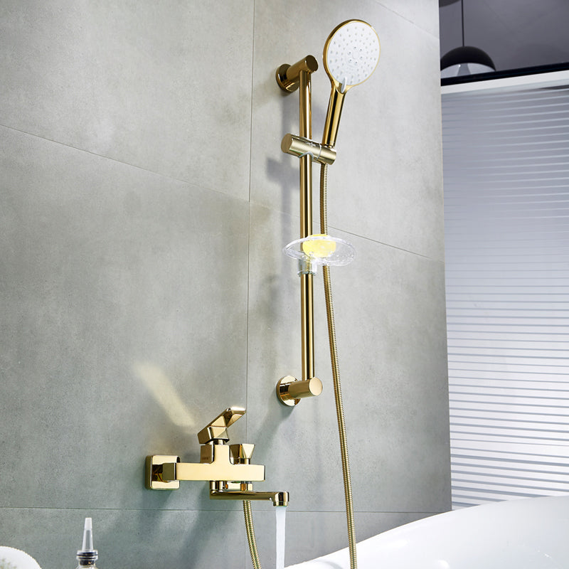 Wall Mounted Gold Bathtub Faucet Swivel Spout Lever Handle with Hand Shower Tri-Mode Handshower Risers Included Clearhalo 'Bathroom Remodel & Bathroom Fixtures' 'Bathtub Faucets' 'bathtub_faucets' 'Home Improvement' 'home_improvement' 'home_improvement_bathtub_faucets' 7376135