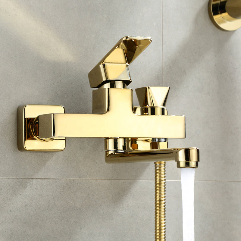 Wall Mounted Gold Bathtub Faucet Swivel Spout Lever Handle with Hand Shower Clearhalo 'Bathroom Remodel & Bathroom Fixtures' 'Bathtub Faucets' 'bathtub_faucets' 'Home Improvement' 'home_improvement' 'home_improvement_bathtub_faucets' 7376136