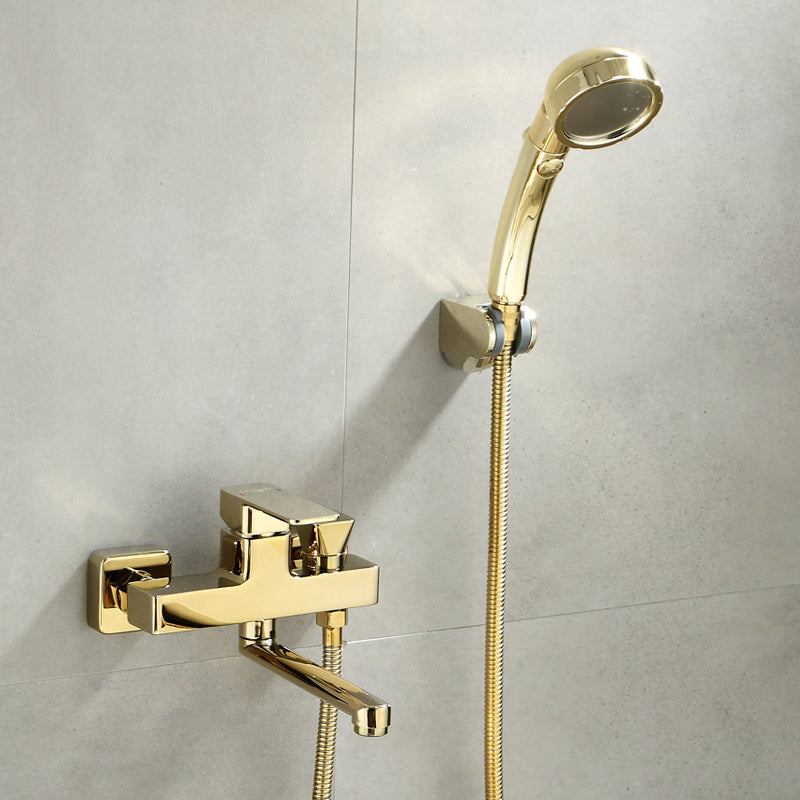 Wall Mounted Gold Bathtub Faucet Swivel Spout Lever Handle with Hand Shower Pressurized Shower Head Risers Not Included Clearhalo 'Bathroom Remodel & Bathroom Fixtures' 'Bathtub Faucets' 'bathtub_faucets' 'Home Improvement' 'home_improvement' 'home_improvement_bathtub_faucets' 7376137