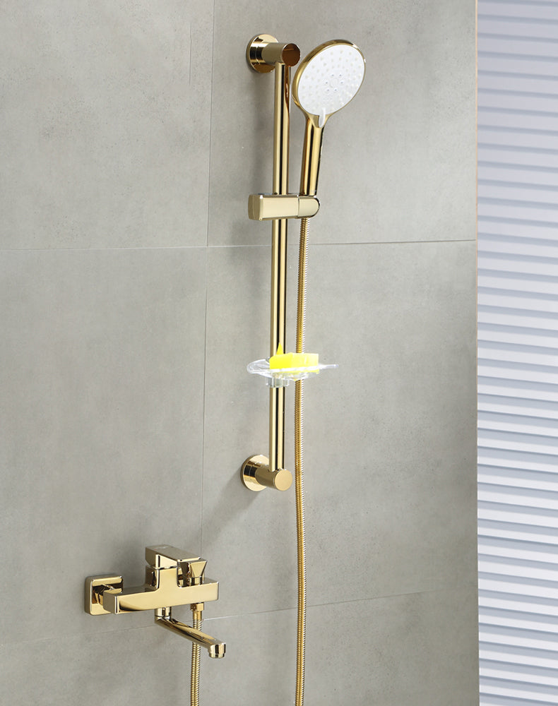 Wall Mounted Gold Bathtub Faucet Swivel Spout Lever Handle with Hand Shower Clearhalo 'Bathroom Remodel & Bathroom Fixtures' 'Bathtub Faucets' 'bathtub_faucets' 'Home Improvement' 'home_improvement' 'home_improvement_bathtub_faucets' 7376138