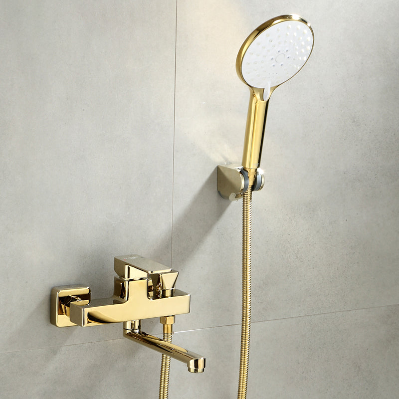 Wall Mounted Gold Bathtub Faucet Swivel Spout Lever Handle with Hand Shower Tri-Mode Handshower Risers Not Included Clearhalo 'Bathroom Remodel & Bathroom Fixtures' 'Bathtub Faucets' 'bathtub_faucets' 'Home Improvement' 'home_improvement' 'home_improvement_bathtub_faucets' 7376139