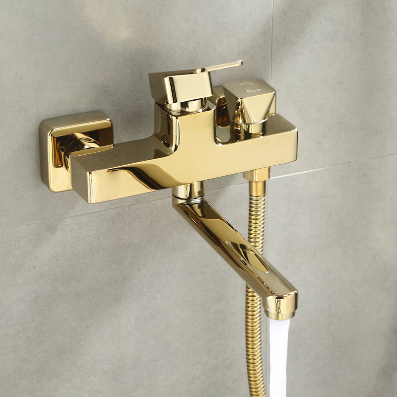 Wall Mounted Gold Bathtub Faucet Swivel Spout Lever Handle with Hand Shower Handheld Shower Not Included Risers Not Included Clearhalo 'Bathroom Remodel & Bathroom Fixtures' 'Bathtub Faucets' 'bathtub_faucets' 'Home Improvement' 'home_improvement' 'home_improvement_bathtub_faucets' 7376141