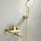 Wall Mounted Gold Bathtub Faucet Swivel Spout Lever Handle with Hand Shower Clearhalo 'Bathroom Remodel & Bathroom Fixtures' 'Bathtub Faucets' 'bathtub_faucets' 'Home Improvement' 'home_improvement' 'home_improvement_bathtub_faucets' 7376144