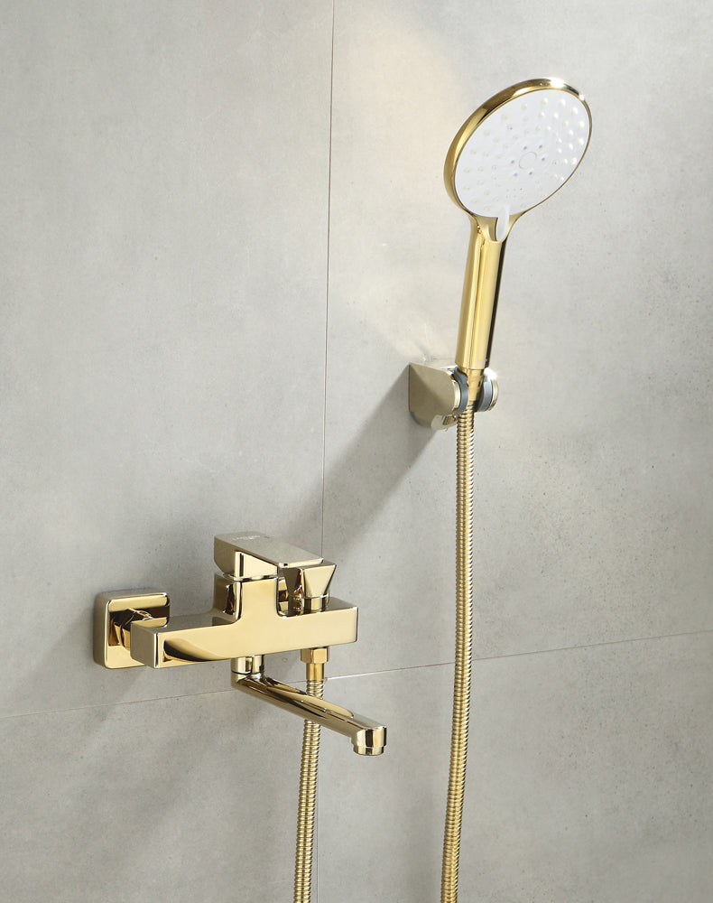 Wall Mounted Gold Bathtub Faucet Swivel Spout Lever Handle with Hand Shower Clearhalo 'Bathroom Remodel & Bathroom Fixtures' 'Bathtub Faucets' 'bathtub_faucets' 'Home Improvement' 'home_improvement' 'home_improvement_bathtub_faucets' 7376144
