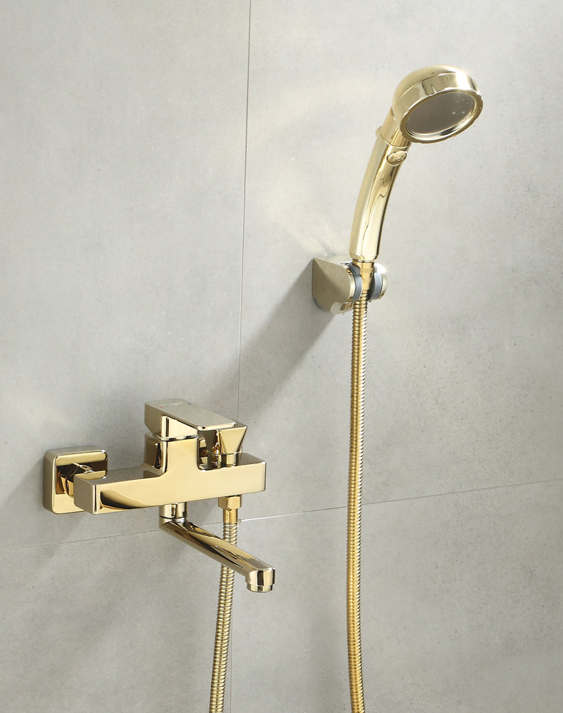 Wall Mounted Gold Bathtub Faucet Swivel Spout Lever Handle with Hand Shower Clearhalo 'Bathroom Remodel & Bathroom Fixtures' 'Bathtub Faucets' 'bathtub_faucets' 'Home Improvement' 'home_improvement' 'home_improvement_bathtub_faucets' 7376145