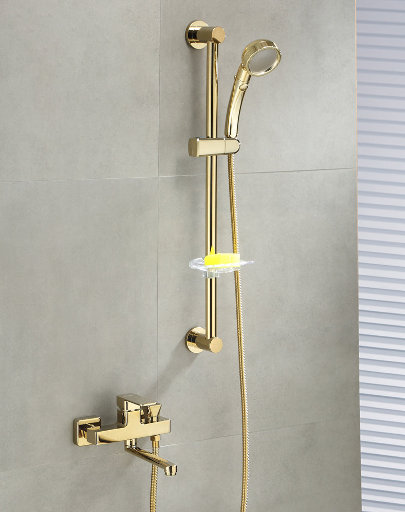 Wall Mounted Gold Bathtub Faucet Swivel Spout Lever Handle with Hand Shower Clearhalo 'Bathroom Remodel & Bathroom Fixtures' 'Bathtub Faucets' 'bathtub_faucets' 'Home Improvement' 'home_improvement' 'home_improvement_bathtub_faucets' 7376146