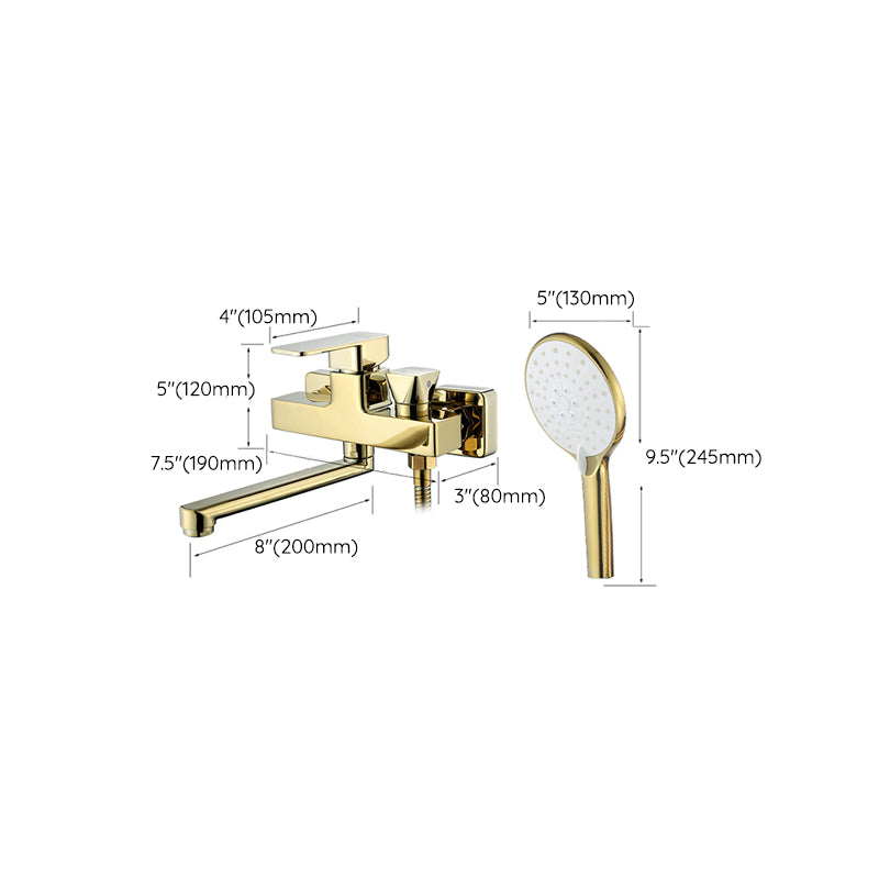 Wall Mounted Gold Bathtub Faucet Swivel Spout Lever Handle with Hand Shower Clearhalo 'Bathroom Remodel & Bathroom Fixtures' 'Bathtub Faucets' 'bathtub_faucets' 'Home Improvement' 'home_improvement' 'home_improvement_bathtub_faucets' 7376149