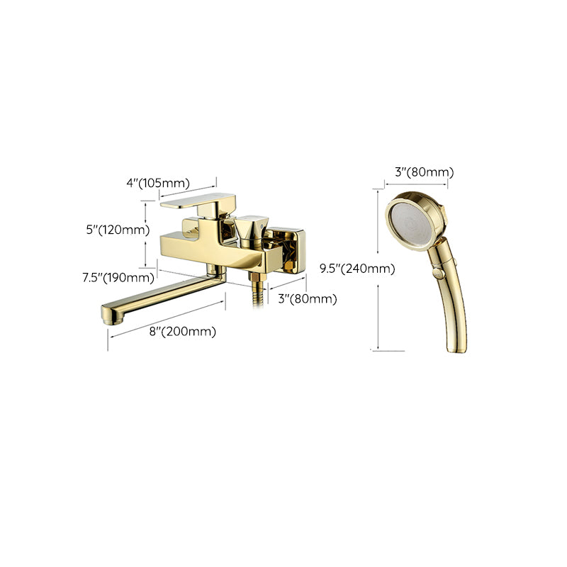 Wall Mounted Gold Bathtub Faucet Swivel Spout Lever Handle with Hand Shower Clearhalo 'Bathroom Remodel & Bathroom Fixtures' 'Bathtub Faucets' 'bathtub_faucets' 'Home Improvement' 'home_improvement' 'home_improvement_bathtub_faucets' 7376150