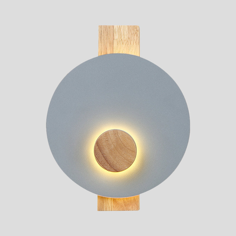 Black/Grey/White Disk Wall Light Fixture Minimalist LED Metal Sconce with Wood Backplate for Bedroom Clearhalo 'Modern wall lights' 'Modern' 'Wall Lamps & Sconces' 'Wall Lights' Lighting' 737644