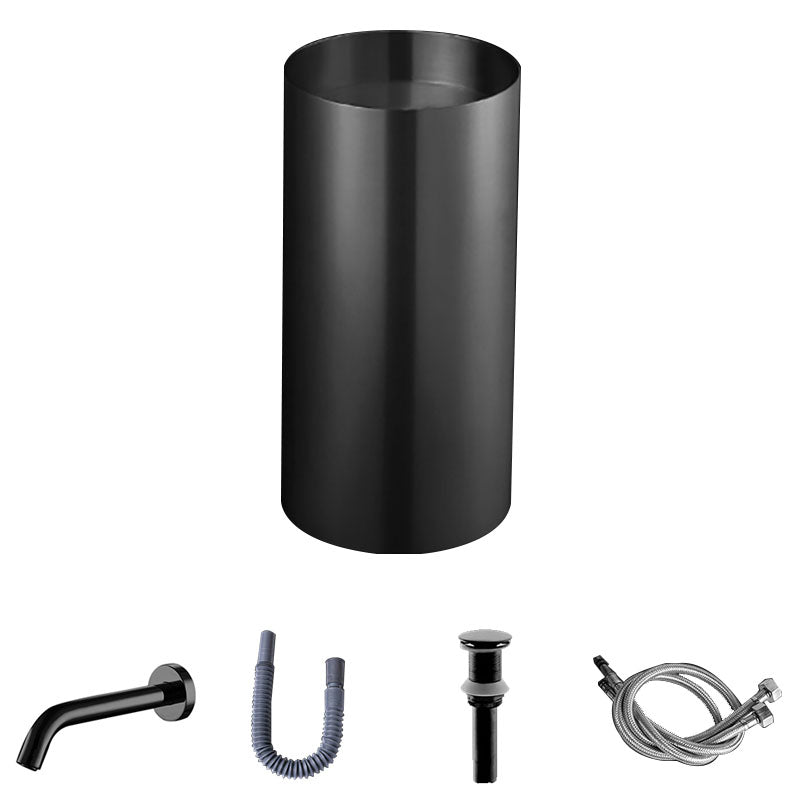Contemporary Bathroom Sink with Faucet Round Metal Pedestal Bathroom Sink Black Round Sensor Faucet Sink with Faucet Clearhalo 'Bathroom Remodel & Bathroom Fixtures' 'Bathroom Sinks & Faucet Components' 'Bathroom Sinks' 'bathroom_sink' 'Home Improvement' 'home_improvement' 'home_improvement_bathroom_sink' 7376780