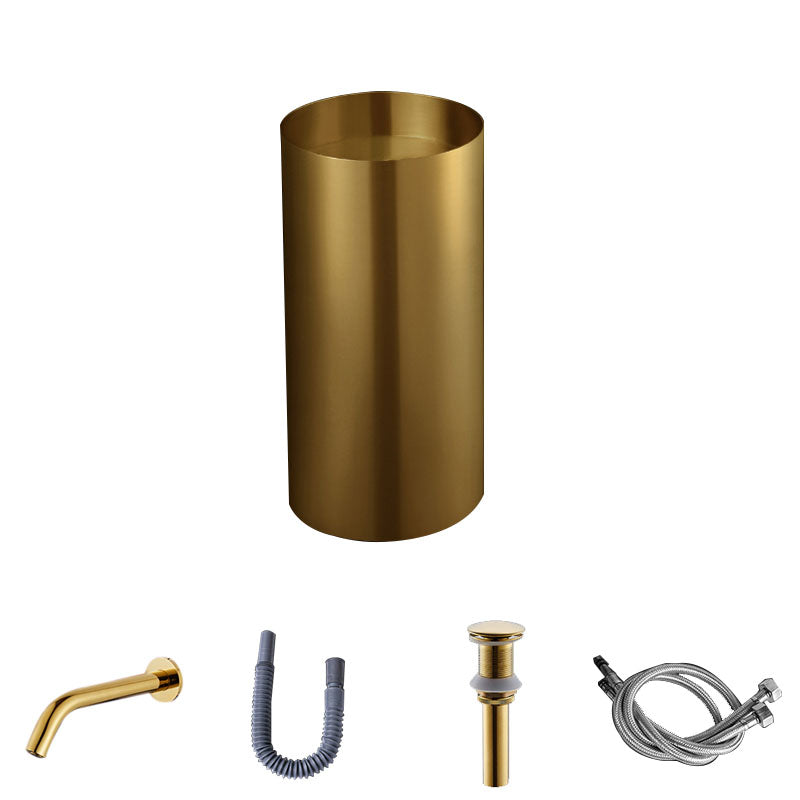 Contemporary Bathroom Sink with Faucet Round Metal Pedestal Bathroom Sink Gold Round Sensor Faucet Sink with Faucet Clearhalo 'Bathroom Remodel & Bathroom Fixtures' 'Bathroom Sinks & Faucet Components' 'Bathroom Sinks' 'bathroom_sink' 'Home Improvement' 'home_improvement' 'home_improvement_bathroom_sink' 7376798