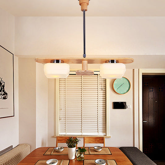 Rectangle Pendant Chandelier Modernist Wood 2 Lights Dining Room Ceiling Hang Fixture with Square Cream Glass Shade Wood Clearhalo 'Carpenter Chandeliers' 'Ceiling Lights' 'Chandeliers' 'Industrial' 'Modern Chandeliers' 'Modern' Lighting' 737688