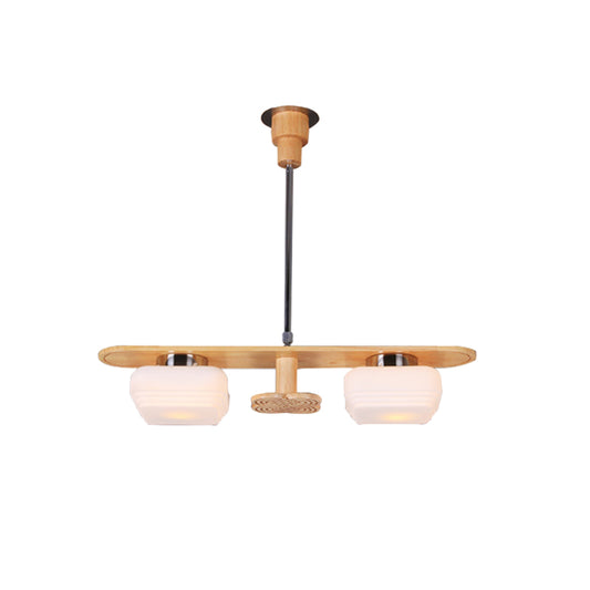 Rectangle Pendant Chandelier Modernist Wood 2 Lights Dining Room Ceiling Hang Fixture with Square Cream Glass Shade Clearhalo 'Carpenter Chandeliers' 'Ceiling Lights' 'Chandeliers' 'Industrial' 'Modern Chandeliers' 'Modern' Lighting' 737689