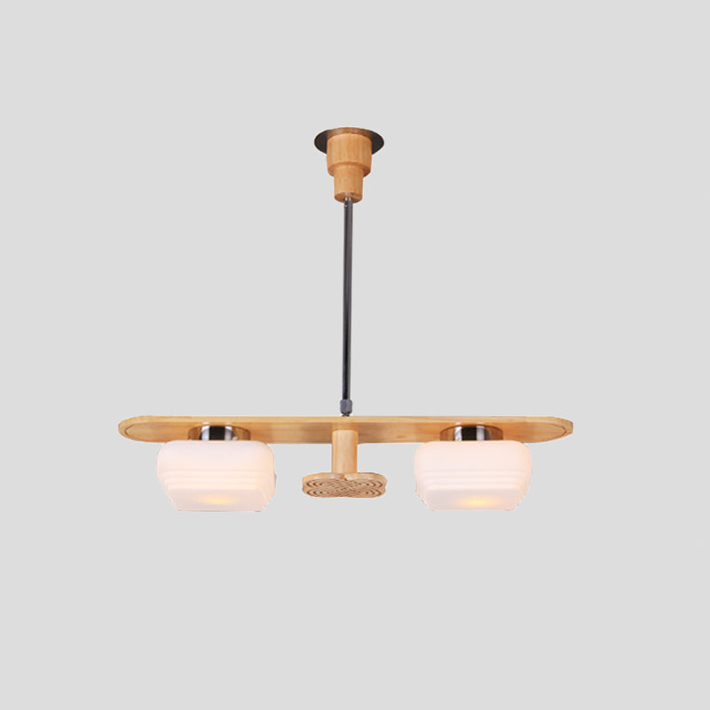 Rectangle Pendant Chandelier Modernist Wood 2 Lights Dining Room Ceiling Hang Fixture with Square Cream Glass Shade Clearhalo 'Carpenter Chandeliers' 'Ceiling Lights' 'Chandeliers' 'Industrial' 'Modern Chandeliers' 'Modern' Lighting' 737690