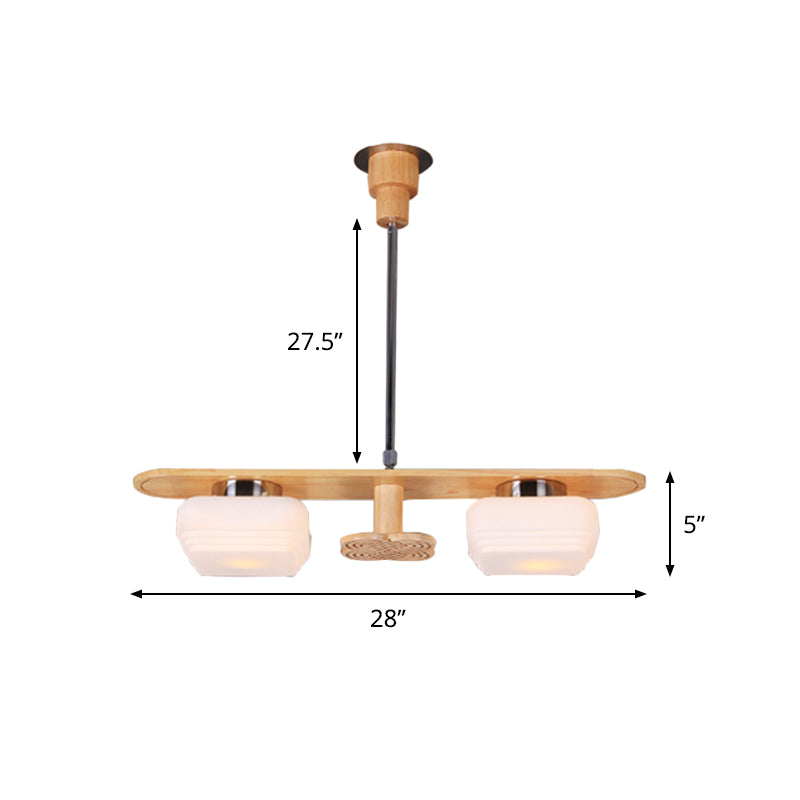 Rectangle Pendant Chandelier Modernist Wood 2 Lights Dining Room Ceiling Hang Fixture with Square Cream Glass Shade Clearhalo 'Carpenter Chandeliers' 'Ceiling Lights' 'Chandeliers' 'Industrial' 'Modern Chandeliers' 'Modern' Lighting' 737691