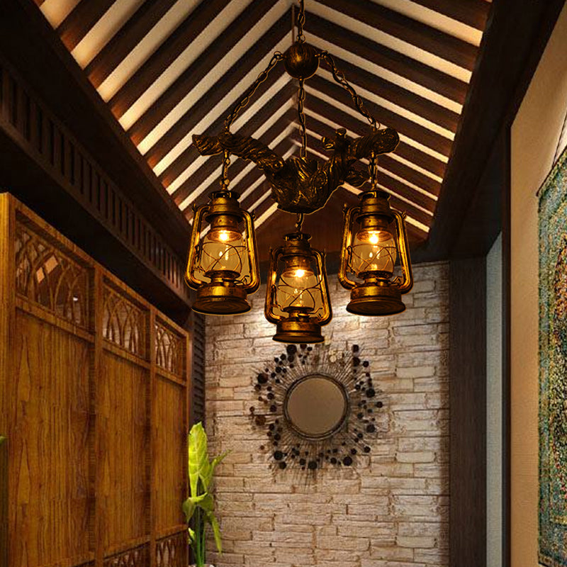 3 Lights Clear Glass Chandelier Light Coastal Brass Lantern Dining Room Ceiling Pendant with Resin Branch Beam Brass Clearhalo 'Cast Iron' 'Ceiling Lights' 'Chandeliers' 'Industrial Chandeliers' 'Industrial' 'Metal' 'Middle Century Chandeliers' 'Rustic Chandeliers' 'Tiffany' Lighting' 737704