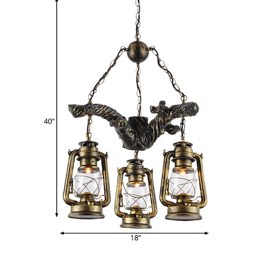 3 Lights Clear Glass Chandelier Light Coastal Brass Lantern Dining Room Ceiling Pendant with Resin Branch Beam Clearhalo 'Cast Iron' 'Ceiling Lights' 'Chandeliers' 'Industrial Chandeliers' 'Industrial' 'Metal' 'Middle Century Chandeliers' 'Rustic Chandeliers' 'Tiffany' Lighting' 737707