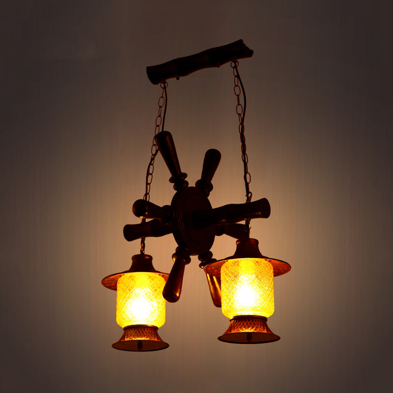 Factory Kerosene Chandelier Lamp 2 Lights Yellow Grid Glass Pendant Ceiling Light in Copper with Wood Rudder Design Clearhalo 'Ceiling Lights' 'Chandeliers' 'Glass shade' 'Glass' 'Industrial Chandeliers' 'Industrial' 'Middle Century Chandeliers' 'Pendant Lights' 'Tiffany' Lighting' 737710