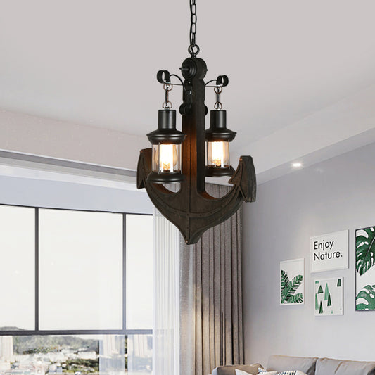 Clear Glass Black Chandelier Lighting Kerosene 2-Light Industrial Hanging Ceiling Light with Wood Anchor Design Clearhalo 'Cast Iron' 'Ceiling Lights' 'Chandeliers' 'Industrial Chandeliers' 'Industrial' 'Metal' 'Middle Century Chandeliers' 'Rustic Chandeliers' 'Tiffany' Lighting' 737713