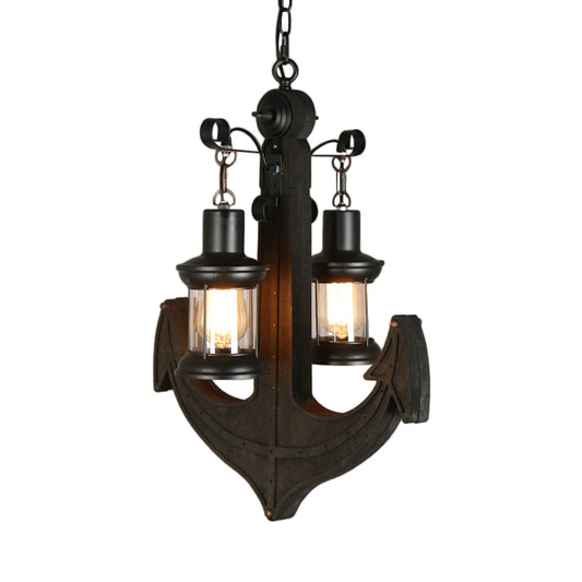 Clear Glass Black Chandelier Lighting Kerosene 2-Light Industrial Hanging Ceiling Light with Wood Anchor Design Clearhalo 'Cast Iron' 'Ceiling Lights' 'Chandeliers' 'Industrial Chandeliers' 'Industrial' 'Metal' 'Middle Century Chandeliers' 'Rustic Chandeliers' 'Tiffany' Lighting' 737714
