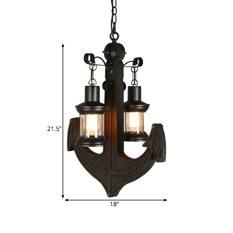 Clear Glass Black Chandelier Lighting Kerosene 2-Light Industrial Hanging Ceiling Light with Wood Anchor Design Clearhalo 'Cast Iron' 'Ceiling Lights' 'Chandeliers' 'Industrial Chandeliers' 'Industrial' 'Metal' 'Middle Century Chandeliers' 'Rustic Chandeliers' 'Tiffany' Lighting' 737715