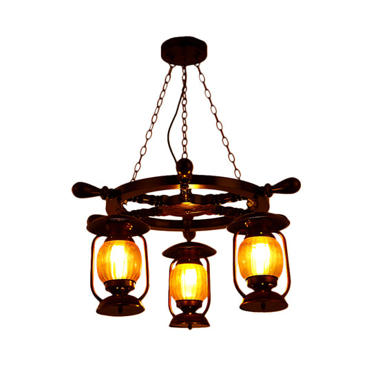 3 Bulbs Kerosene Chandelier Light Antiqued Style Copper Finish Yellow Glass Pendant Lamp with Wood Rudder Design Clearhalo 'Cast Iron' 'Ceiling Lights' 'Chandeliers' 'Industrial Chandeliers' 'Industrial' 'Metal' 'Middle Century Chandeliers' 'Rustic Chandeliers' 'Tiffany' Lighting' 737717