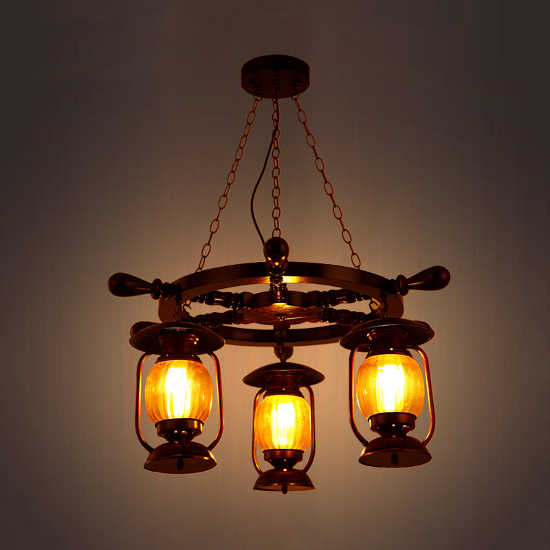 3 Bulbs Kerosene Chandelier Light Antiqued Style Copper Finish Yellow Glass Pendant Lamp with Wood Rudder Design Clearhalo 'Cast Iron' 'Ceiling Lights' 'Chandeliers' 'Industrial Chandeliers' 'Industrial' 'Metal' 'Middle Century Chandeliers' 'Rustic Chandeliers' 'Tiffany' Lighting' 737718