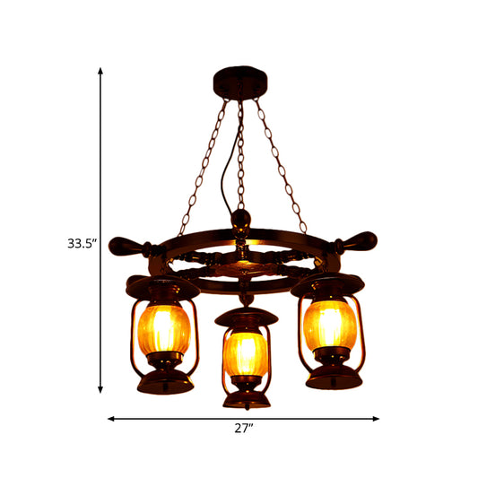 3 Bulbs Kerosene Chandelier Light Antiqued Style Copper Finish Yellow Glass Pendant Lamp with Wood Rudder Design Clearhalo 'Cast Iron' 'Ceiling Lights' 'Chandeliers' 'Industrial Chandeliers' 'Industrial' 'Metal' 'Middle Century Chandeliers' 'Rustic Chandeliers' 'Tiffany' Lighting' 737719