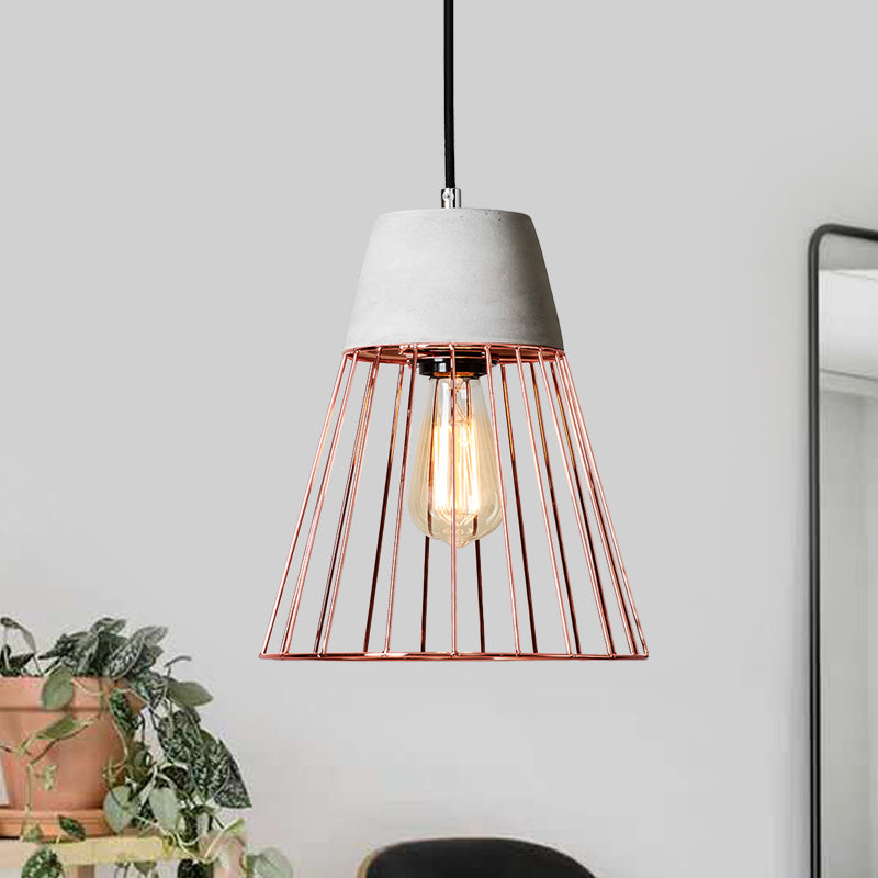 1 Light Conic Cage Ceiling Light Antiqued Black/Rose Gold Iron Pendant Lamp Fixture with Cement Top Rose Gold Clearhalo 'Art Deco Pendants' 'Black' 'Cast Iron' 'Ceiling Lights' 'Ceramic' 'Crystal' 'Industrial Pendants' 'Industrial' 'Metal' 'Middle Century Pendants' 'Pendant Lights' 'Pendants' 'Rustic Pendants' 'Tiffany' Lighting' 737728